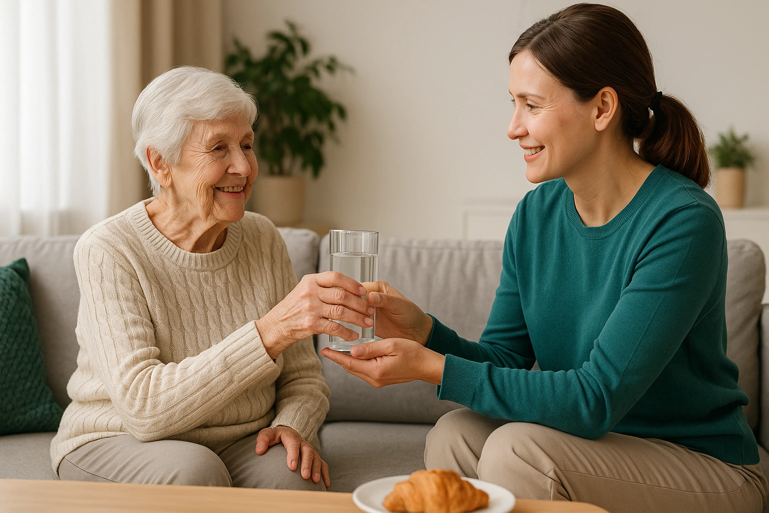 Seniorin erhält von einer Angehörigen ein Glas Wasser im hellen Wohnzimmer – Ernährung & Flüssigkeitsversorgung