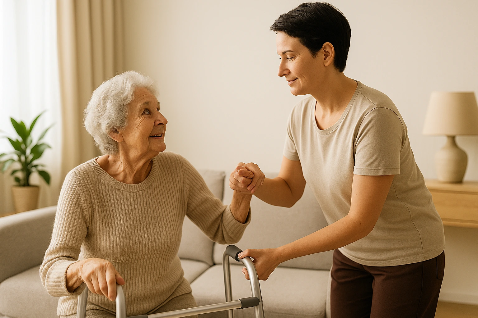 Seniorin sitzt im Wohnzimmer und wird von einer Angehörigen beim Aufstehen unterstützt, mit Rollator – mobilitätsfördernde Pflege