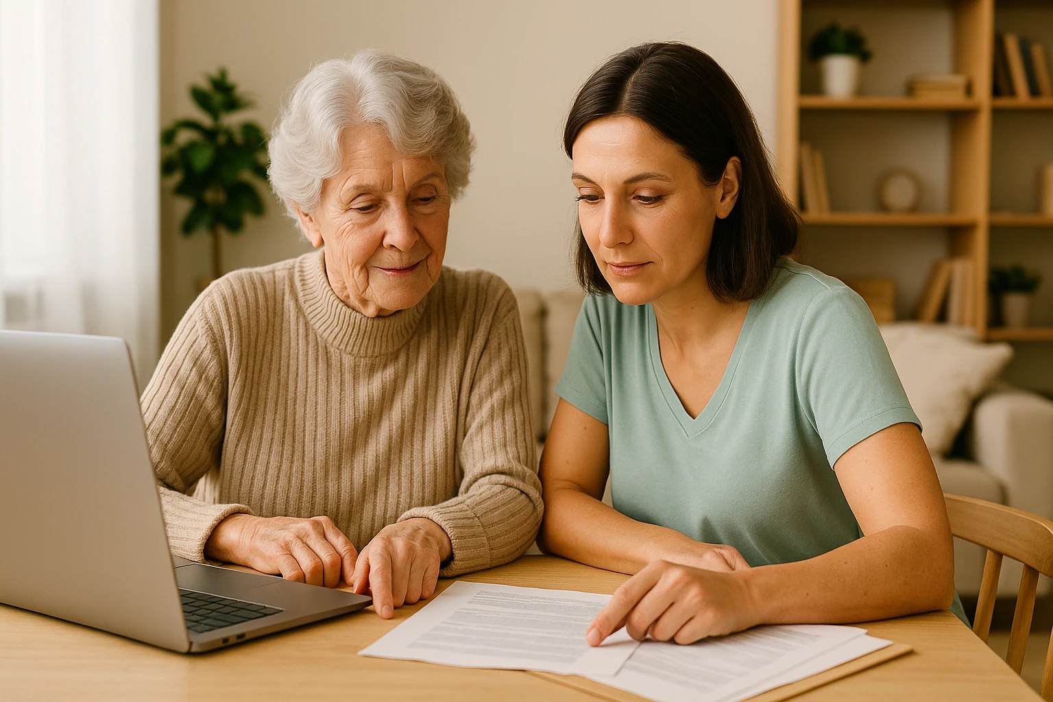 Seniorin und Angehörige sitzen am Tisch, sehen sich gemeinsam Unterlagen und Laptop an – Recht & Leistungen nach §45 SGB XI