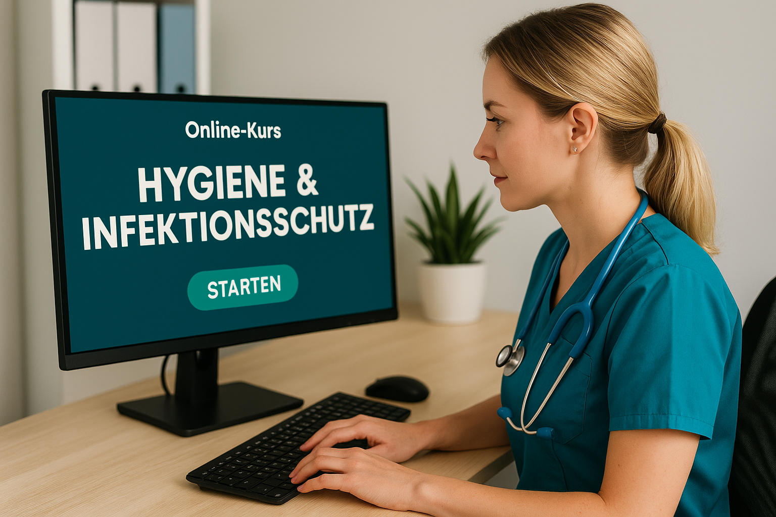 Pflegekraft arbeitet am Computer – digitale Fortbildung